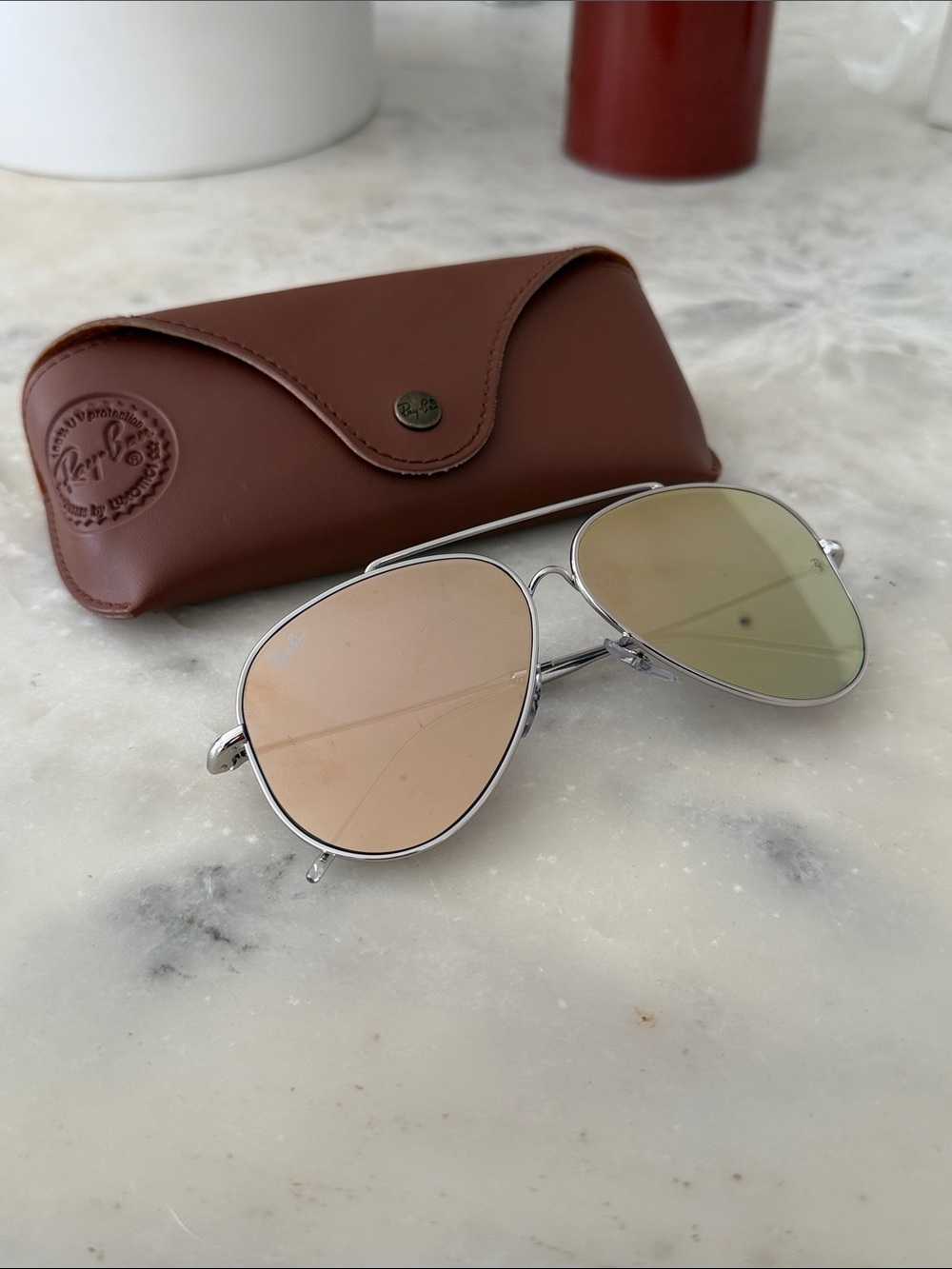 Ray-Ban Silver Aviator Sunglasses with Brown and Green Lenses